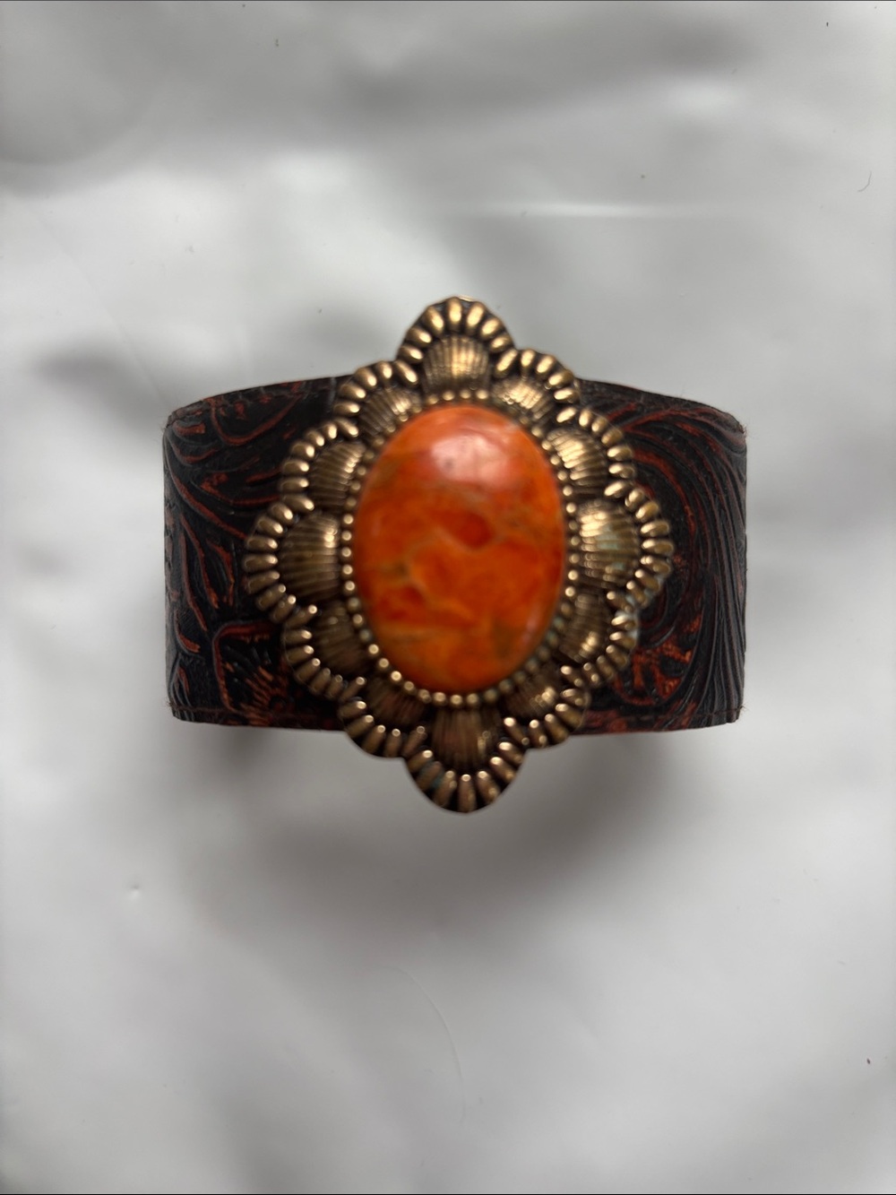 Barse Tooled Leather Band W/ Large Orange Agate Stone In A Copper Setting